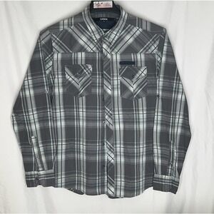 Carbon Classic Fit Shoulder Gray Plaid Button Front Flip Cuff Long Sleeve Sz L